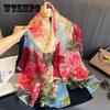 Large Imitation Silk Flower Print Chinese Style Scarf Vintage Red Green Color Block Windproof Breathable Head Wraps Shawl for Women