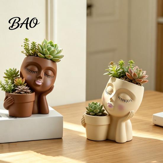 Succulents Planter Creative Eyelash Doll Planter, Cute Sleeping Face Ceramic Pot with Double Indoor Plant Holes, Kawaii Desktop Decor for Office Desk,