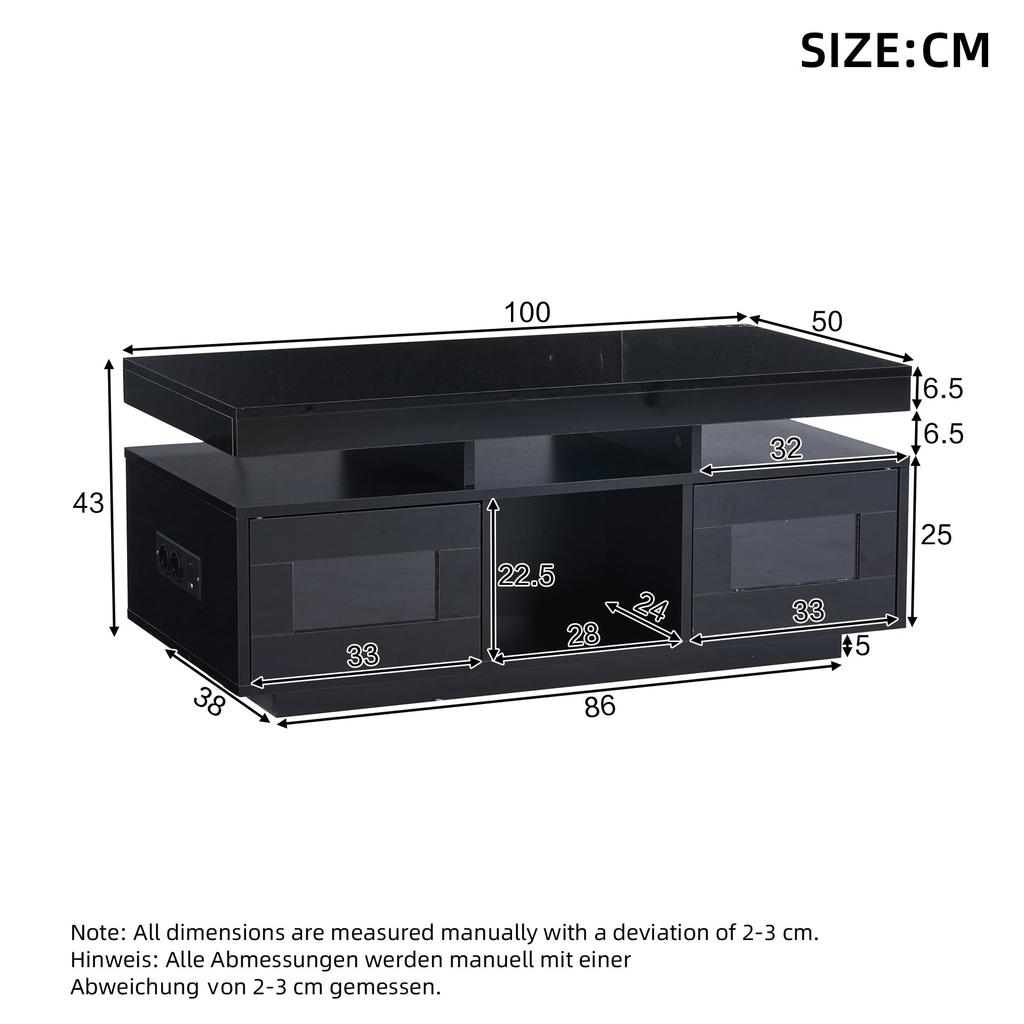 Couchtisch Schwarz, Hochglanz LED Beleuchtung, Kaffeetisch Schrank & Offene Staufächer, Sofatisch Rechteckiger Mitteltisch, 100×50×43cm