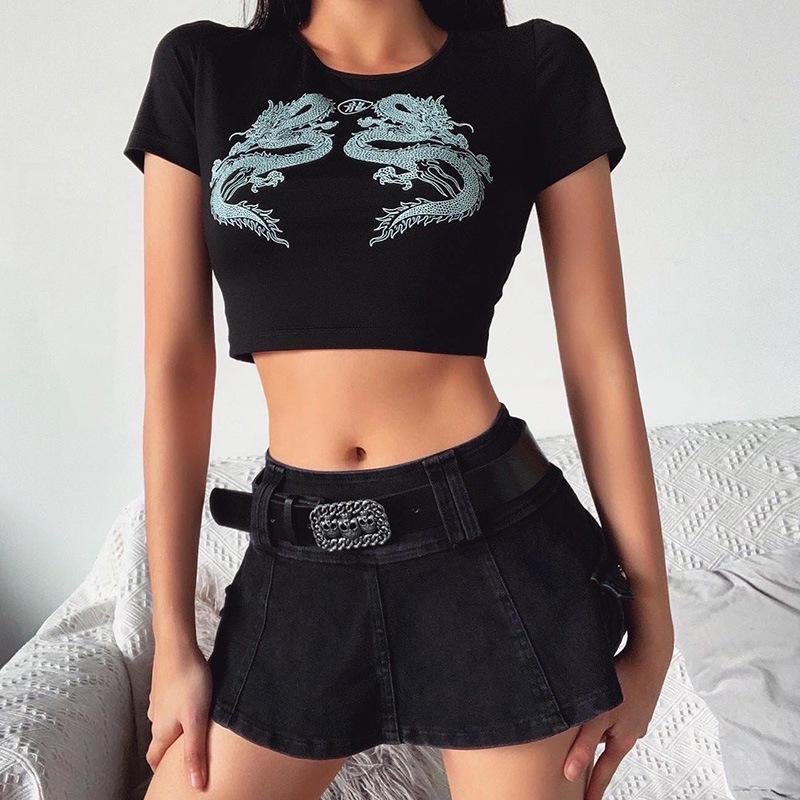 2024 Dragon Print Women's Cotton Crop Top - Short-Sleeve, Versatile Chinese Style Fashion.