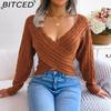 Autumn and Winter Europe and The United States Sexy Cross V-neck Twist Long-sleeved Navel Jumper Women's