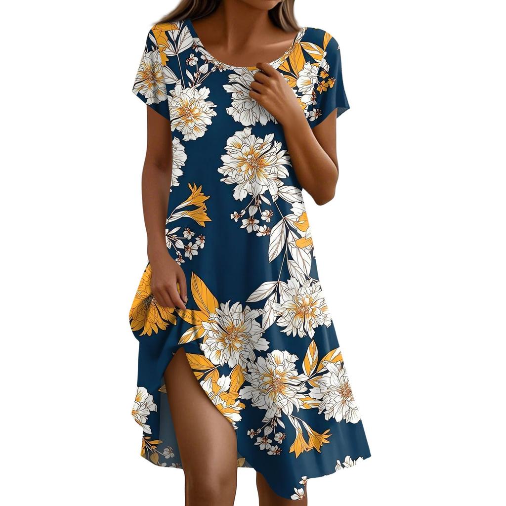 Платье в стиле бохо с коротким рукавом для женщин, повседневное, свободного кроя, летнее, сарафан с цветочным принтом и карманами