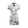Gothic Floral Print Dress White Short Sleeve High Waist Bodycon Mini Dresses