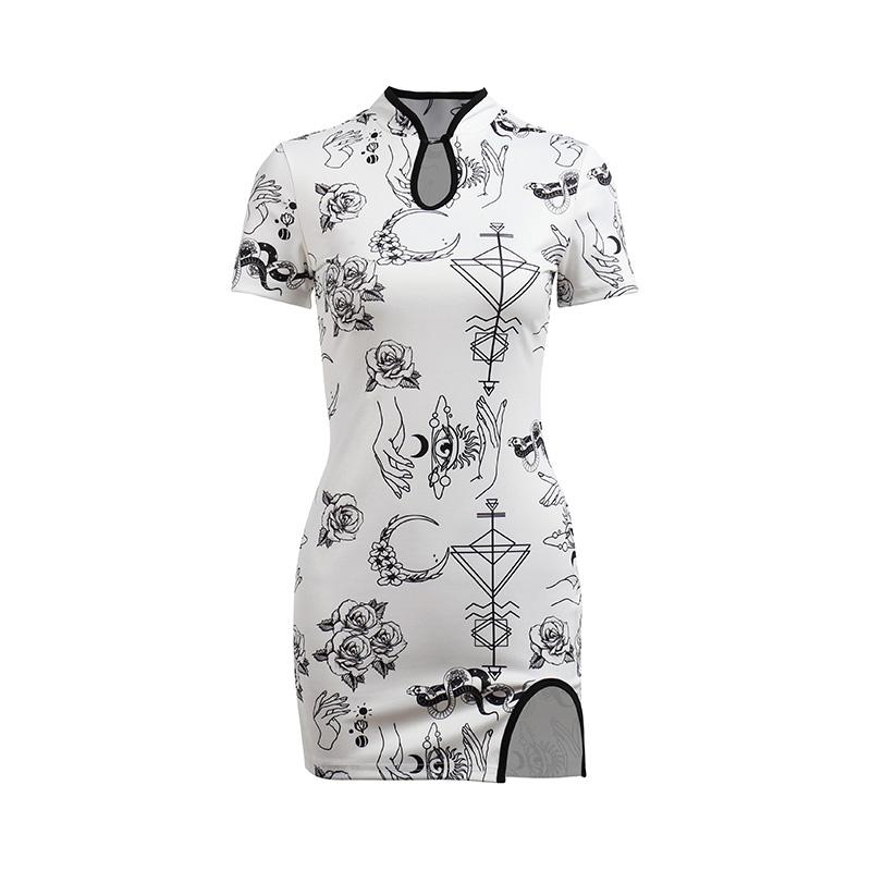 Gothic Floral Print Dress White Short Sleeve High Waist Bodycon Mini Dresses