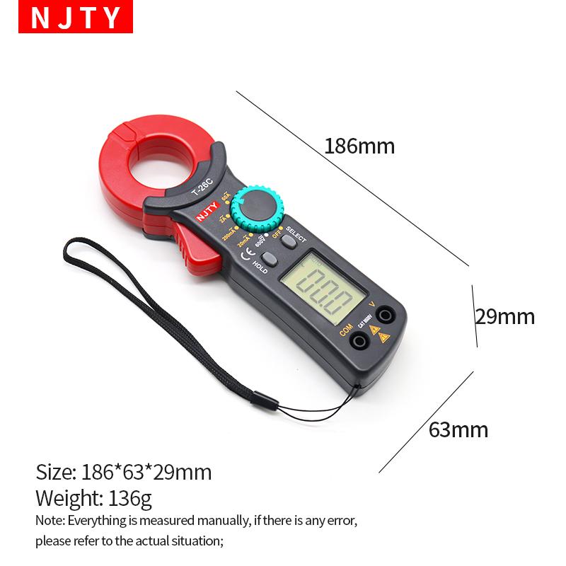 Цифровые токоизмерительные клещи NJTY T-26C Профессиональный тест тока утечки 20 мА~60 А Обнаружение утечки точность тока 0,01 А Автоматический диапазон
