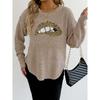Leopard Print Embroidered Sequin Lips Personality Round Neck Pullover Sweater for Women