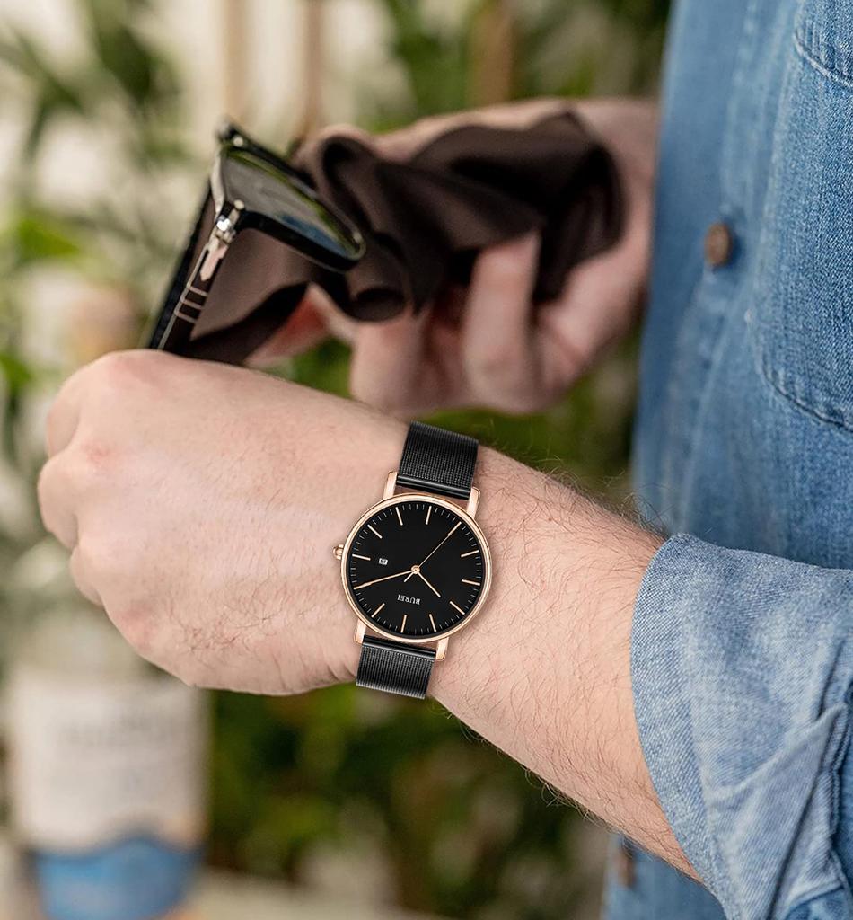 Простые стильные брендовые популярные ультратонкие легкие аналоговые часы деловые водонепроницаемые кварцевые наручные часы розовое золото черные [BUREI] мужские мужские -