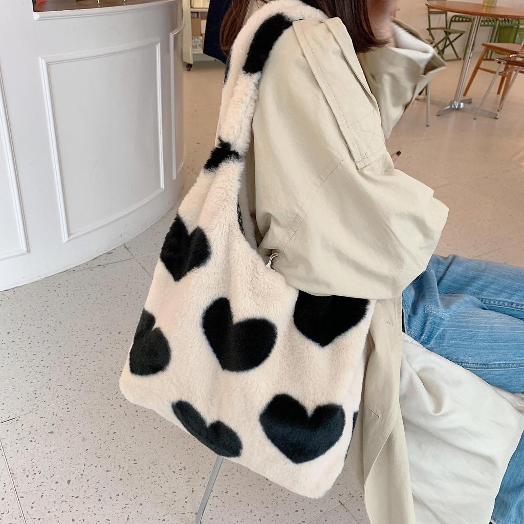 Women Autumn Winter Plush Love One Shoulder High Capacity Tank Top Bag