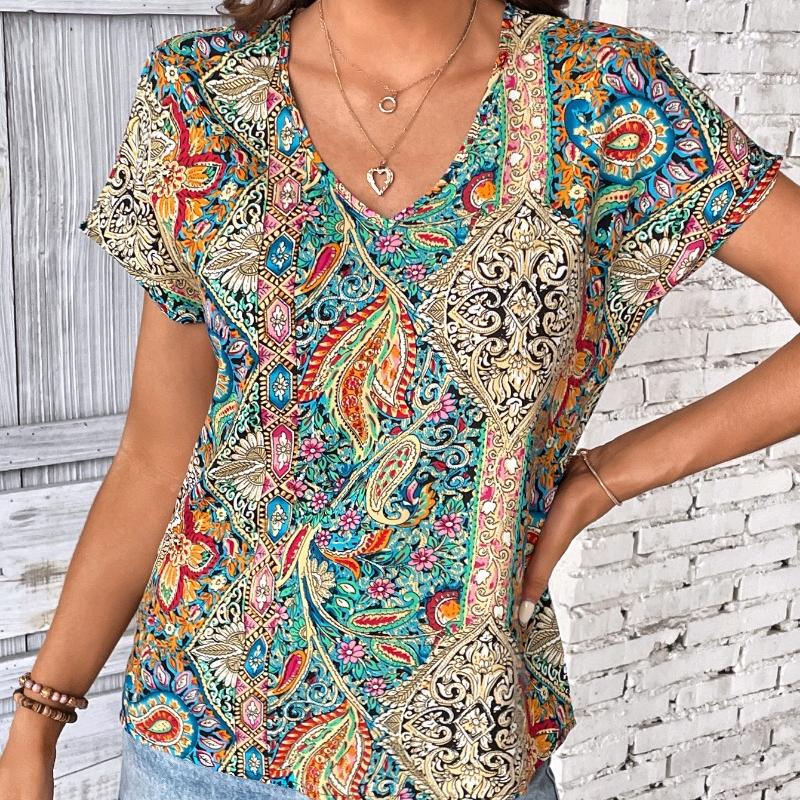 Богемная летняя женская блузка с принтом в стиле ретро, ​​повседневные топы, элегантные пляжные свободные рубашки с коротким рукавом для женщин, модные праздничные женские блузки 24482