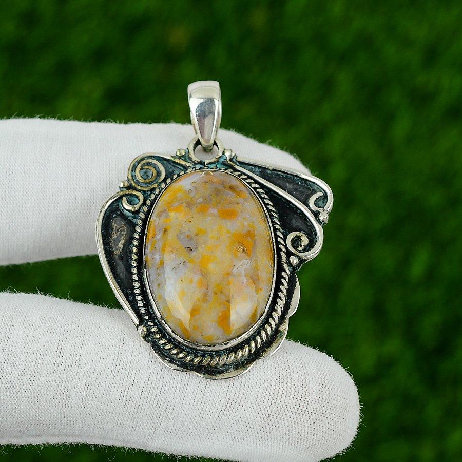 Natural Polka Dot Agate Gemstone Pendant Yellow 925 Sterling Silver Jewelry