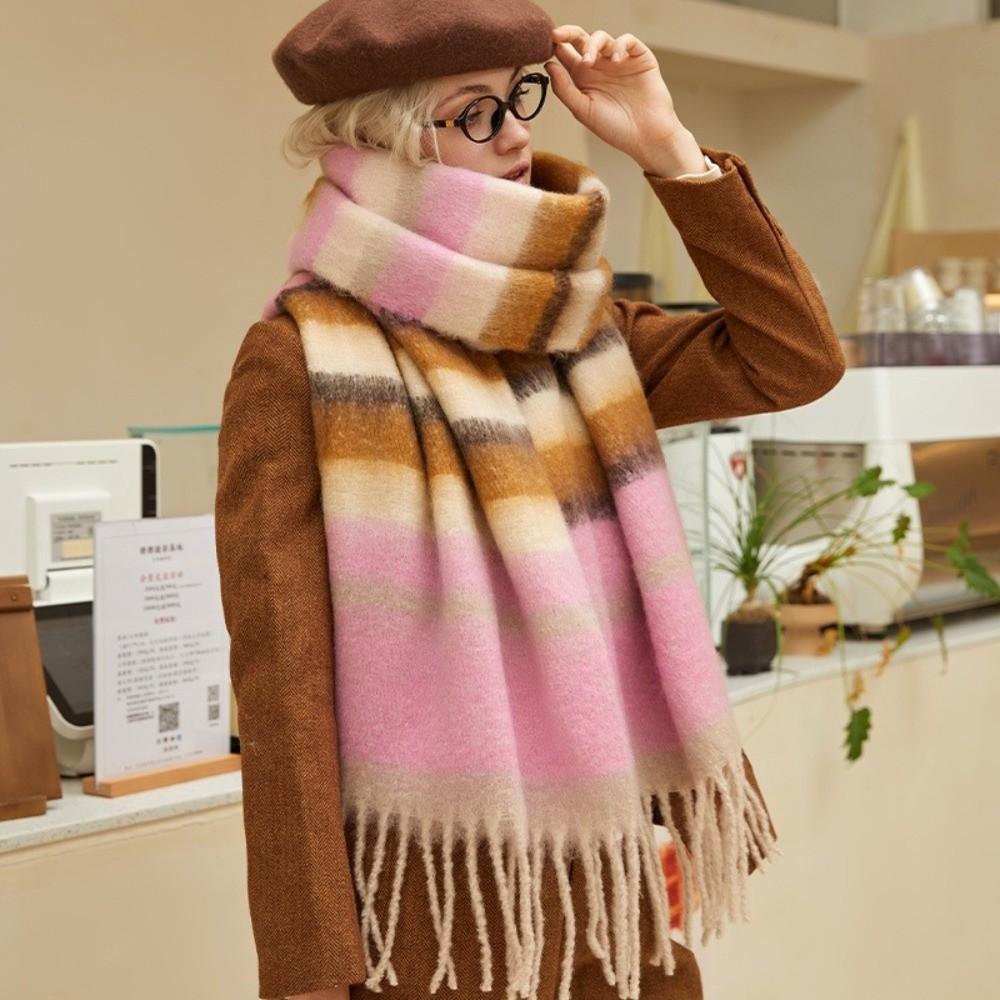 Tassel Stripe Wool Scarf Mohair Long Shawl Elegant Winter Cashmere Scarves  Student