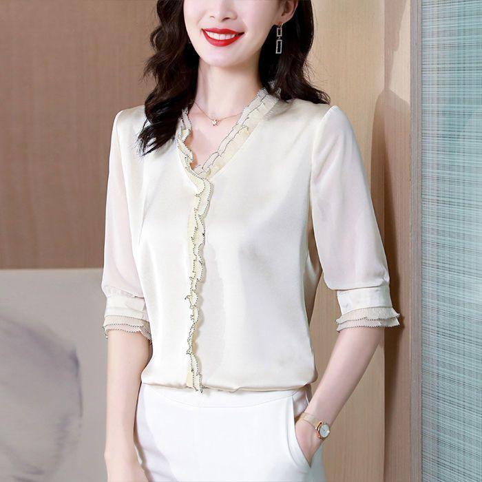 Элегантная женская шифоновая рубашка корейская блузка офисная кружевная сетка длинный рукав оборки V-образный вырез топы повседневные винтажные пуловеры блузы