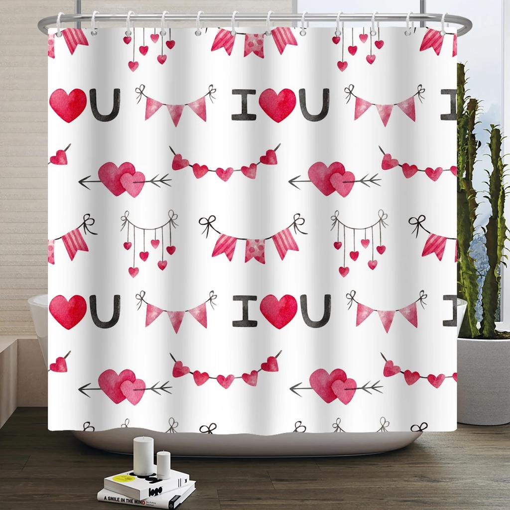 Happy Valentines Day Heart Shower Curtain Red Pink Romantic Falling Love Heart Sweet Lovers Waterproof Bathroom Curtain Decor