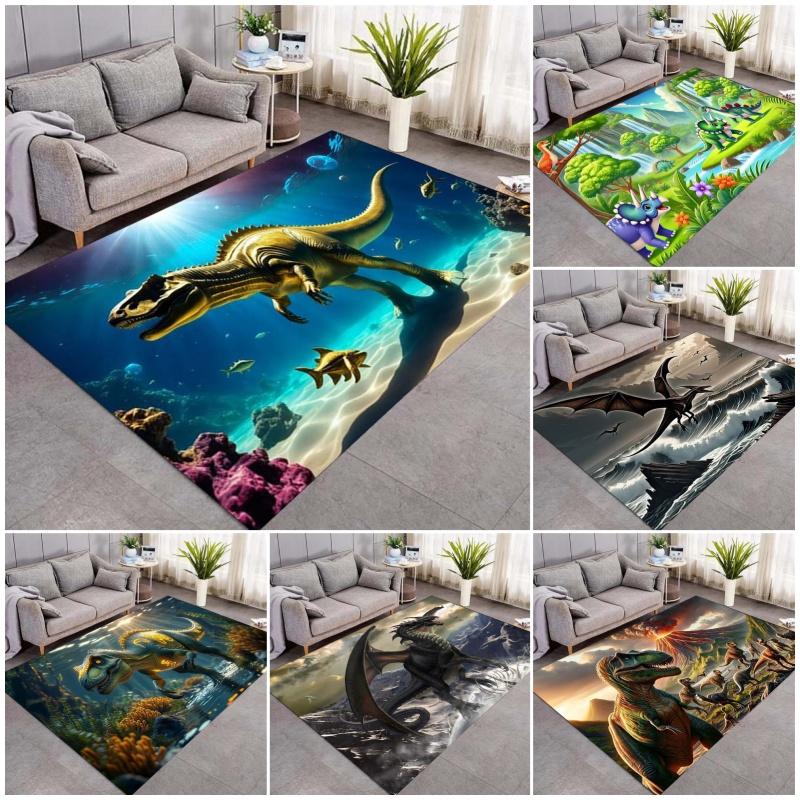 Golden Dinosaur Underwater Coral Print Area Rug Prehistoric Creature Non‑Slip Rectangular Floor Mat Fantasy Home Decor for Living Bedroom Gaming Room