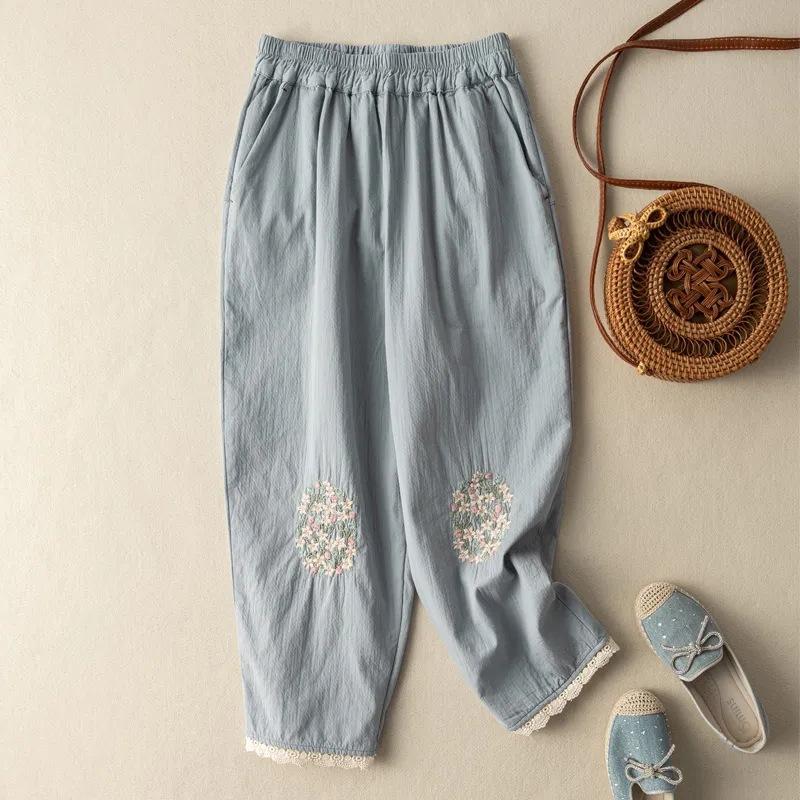 Ethnic Style Retro Embroidery Women's Haren Pants Summer Thin Linen Loose Casual Cropped Pants