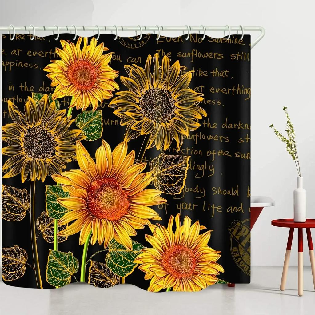 Деревенская Рустикальная Шторка для Душа Подсолнух Осенний Цветочный Узор на Сельском Сарае Деревянная Ткань Ванной Комнаты Шторки с Крючками Комплекты