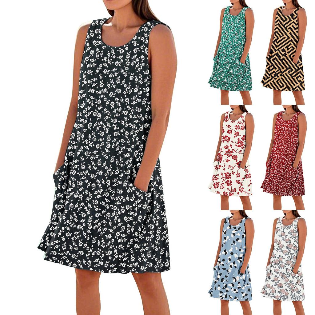 Women's Casual Summer Floral Print Sleeveless Pocket Dress