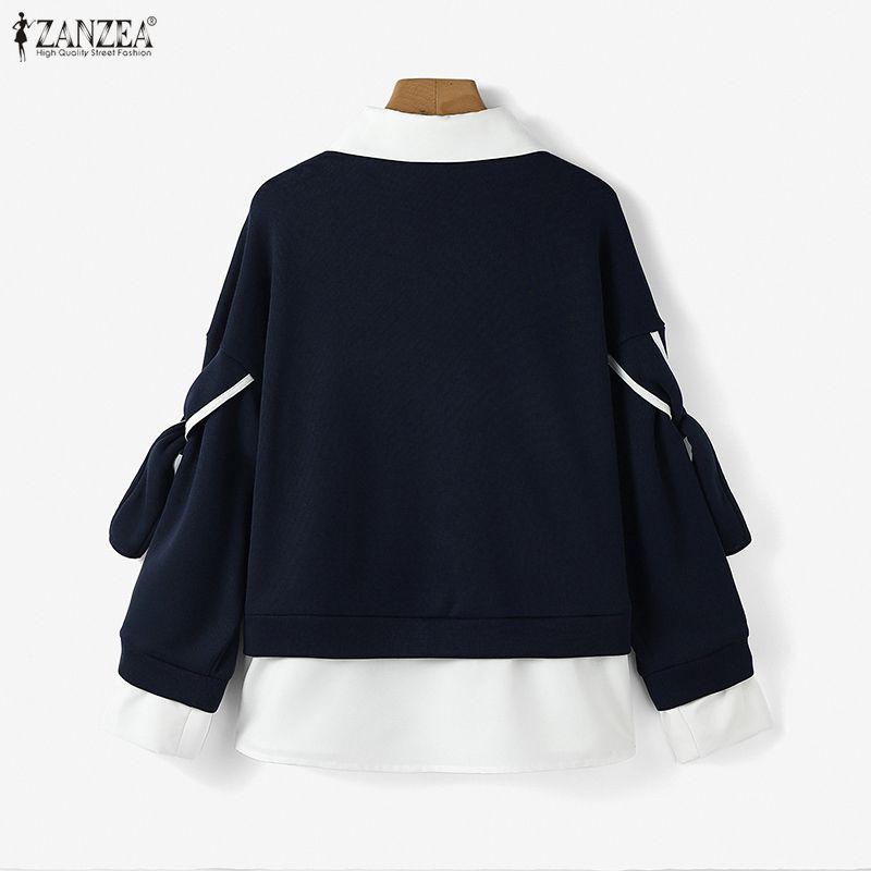 ZANZEA Женские повседневные свитшоты с отложным воротником, длинными рукавами и лоскутным дизайном
