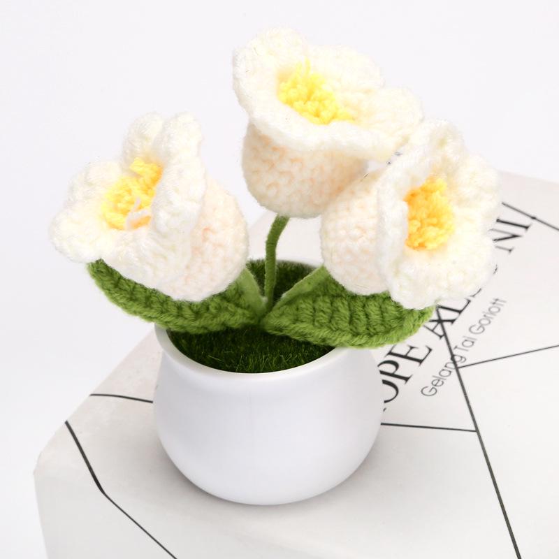 Crocheted Wool Lily of the Valley with 3 Stems - Small Artificial Potted Plant Decoration for Home or Gift.