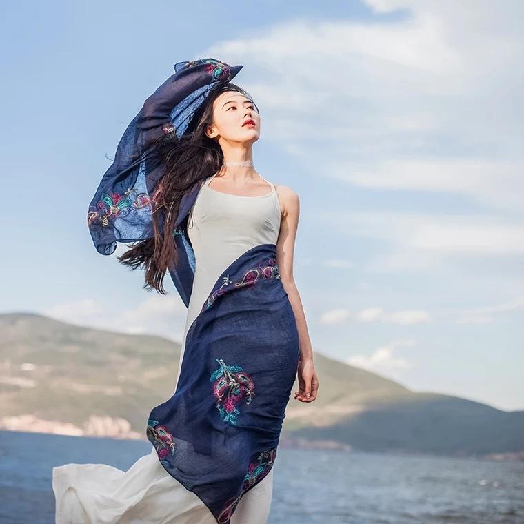 Летний солнцезащитный платок, пляжный шарф, тонкий этнический шарф, модный темпераментный платок из хлопка и льна из вьетнамского тюля для женщин