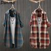 Danmo Винтажная повседневная блузка Свободные топы больших размеров Женская одежда Средней длины клетчатая рубашка Женская хлопково-льняная одежда Женские рубашки Пальто больших размеров