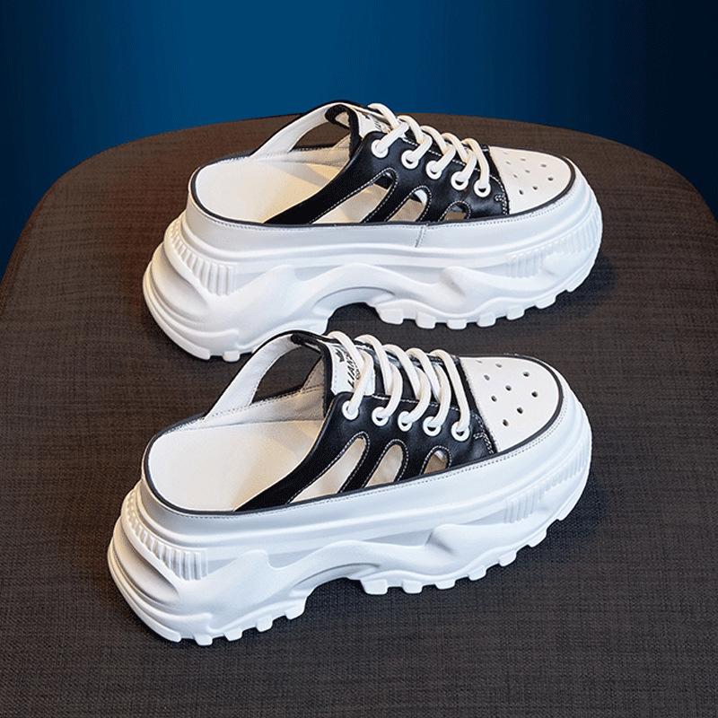 Мягкие кожаные туфли-мешки и полутапочки для женщин Новые ленивые люди носят классные тапочки на улице, толстые полые подошвы маленькие белые женские туфли