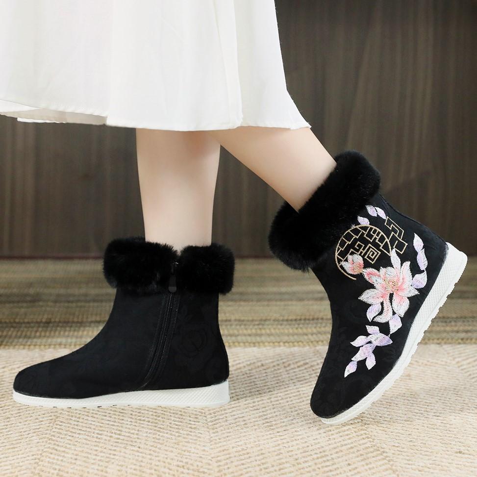 Women's Winter Warm Ankle Boots Anti Slip Fleece Lined Snow Boots With Side Zipper Comfortable Embroidered Faux Fur Lining Short Booties for Women