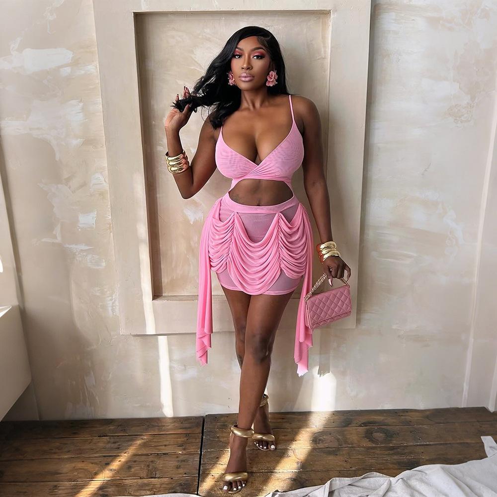 CY901181 European and American sexy deep V suspender dress waist short skirt solid color dress women