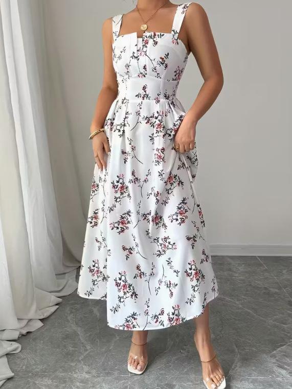 2026 Spring Floral Sleeveless Maxi Dress Sweet Cinched Waist Casual Long Dress