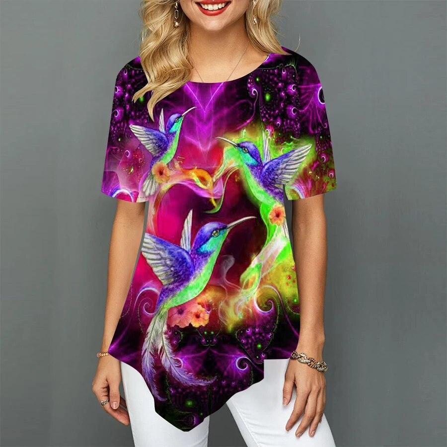 Casual Women Summer T-shirt Hummingbird Love Printed Stretch Loose Shirt Women Clothes Irregular Summer New Tops XS-8XL