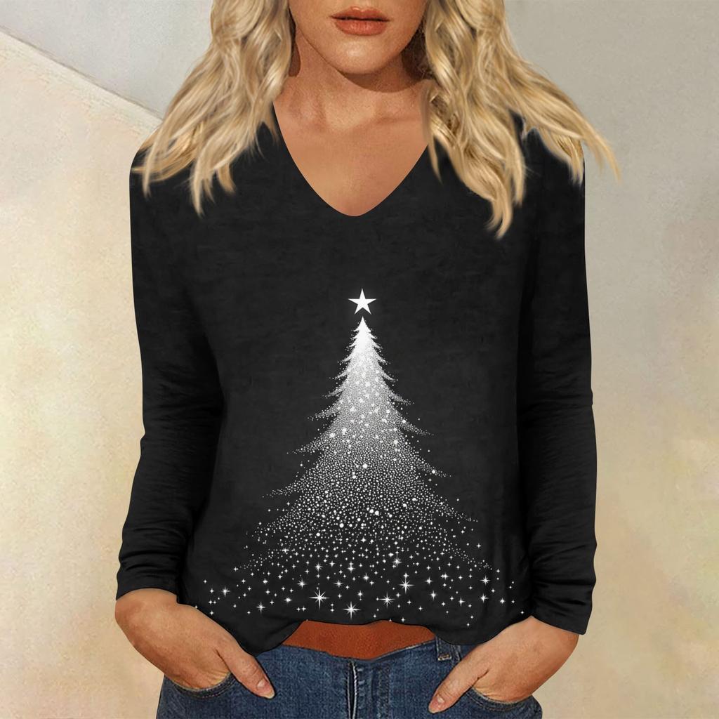 Women's Daily Casual Long Sleeve Christmas  Print V-neck Top