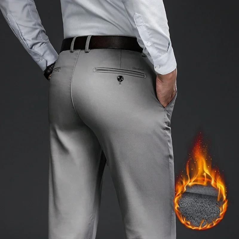 Классический стиль зимние теплые мужские деловые прямые повседневные брюки из эластичной ткани офисные брюки флисовые утепленные брюки