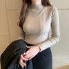 Women Autumn Winter Half High Collar Ribbed Knitted Sweater Solid Color Long Sleeve Slim-fit Pullovers
