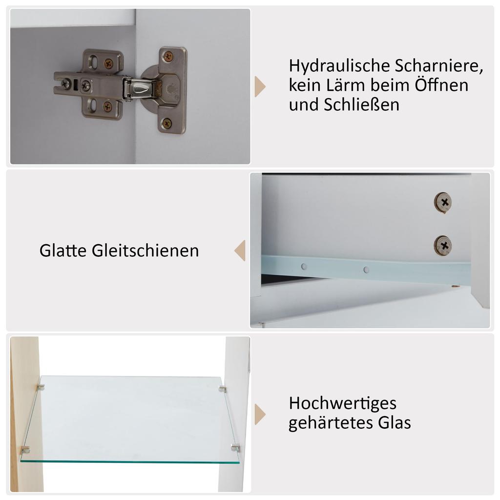 Sideboard Kommode LED 2 Türen & 2 Schublade & Glasregal, Anrichte Highboard Viel Stauraum, Buffets Esszimmer Wohnzimmer, Weiß & Eiche