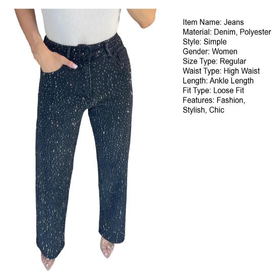 Джинсы с искусственным жемчугом для женщин, с высокой посадкой, прямые, стрейч, из денима, повседневные, широкие, с бисером, мешковатые