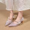 Fashion French High Heels Feminine Premium Block Heel Wedding Shoes 2025 New One Word Strap Pointed Toe Single Shoes Silver
