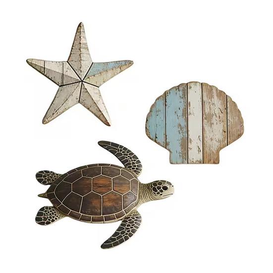 3Pcs Turtle Shell Starfish Wall Decoration Distressed Seaside Wood Wall Art Coastal Beach House Decor Waterproof Bathroom Bedroom Hanging