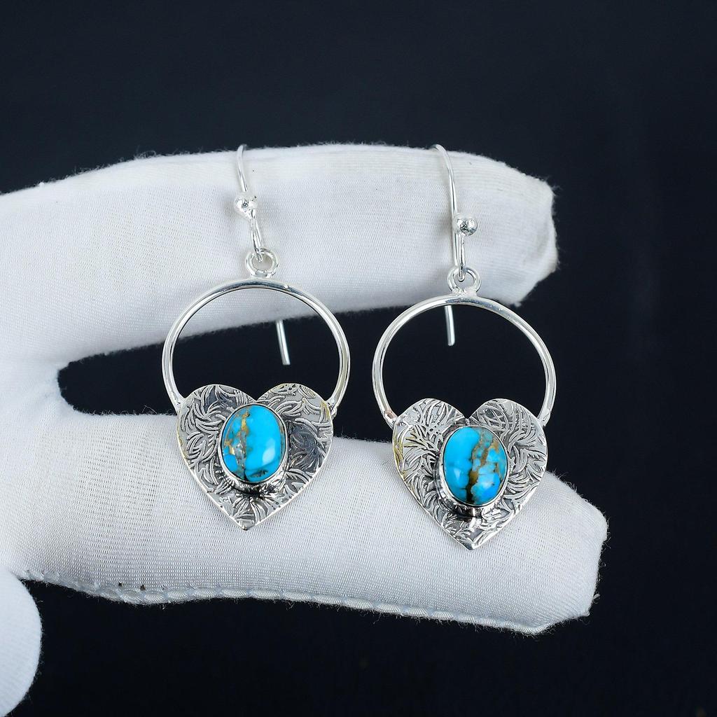 Серьги в форме сердца из натурального медно-бирюзового камня, серьги из стерлингового серебра 925 пробы, серьги-подвески из серебра ручной работы в стиле бохо, подарок из ваты