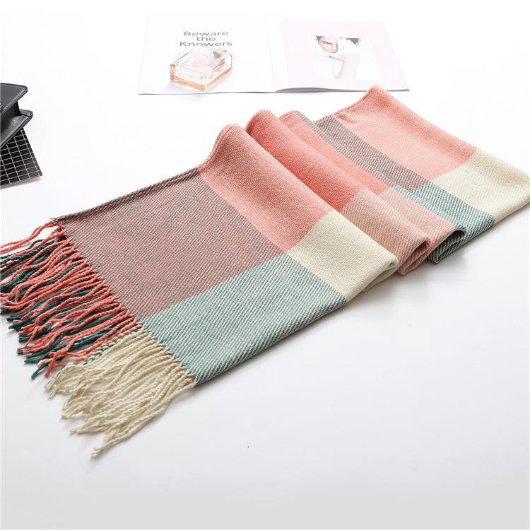 Клетчатый зимний шарф для женщин - шаль с кисточками в корейском стиле из искусственного кашемира