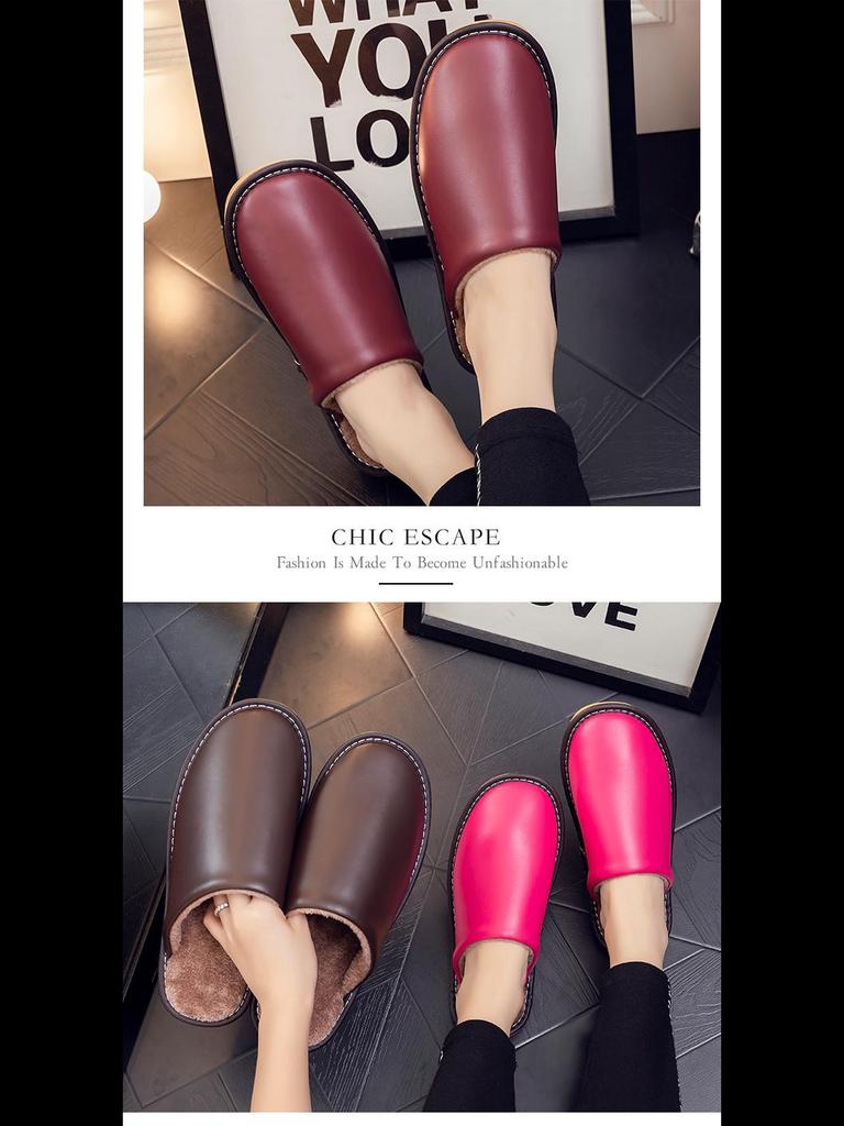 Водонепроницаемые кожаные шлепанцы слипоны с теплой плюшевой подкладкой для пар