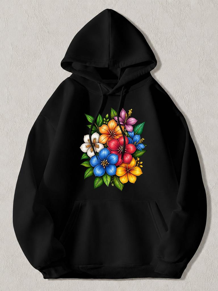 Black Pullover Hoodie with Vibrant Tropical Flower Bouquet Print Colorful Floral Graphic Sweatshirt for Casual Daily Wear Unisex L