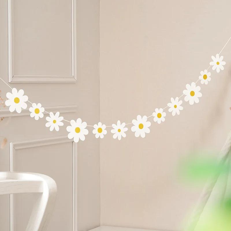 1Set Daisy Banner Birthday Party Burlap White Flower Garland Confetti Daisy Flag Baby Shower Wedding Party Bunting Decoration