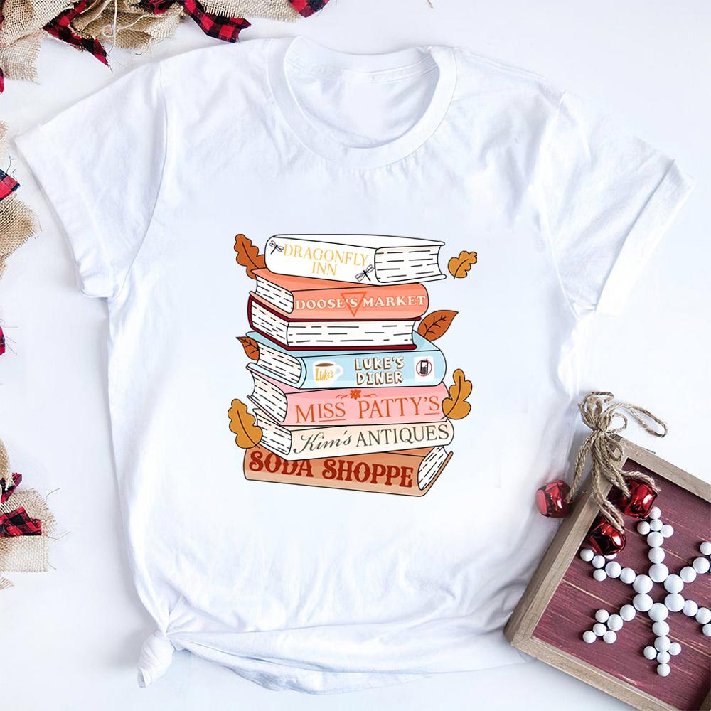Fall Book Stack T-shirt Stars Hollow Girls Shirt Autumn Fall Season Shirts Tv Show Short Sleeves Top Bookish Gift