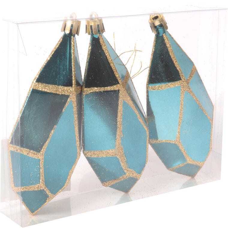 Set of 3 diamond-shaped plastic baubles in a shade of turquoise with gold glitter, 13 cm