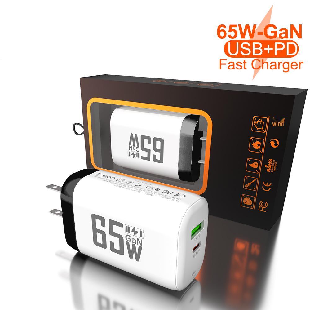 65W GaN Fast Charger: QC 3.0 & PD with 9V/12V for EU/US, Ideal for Laptops & USB Devices