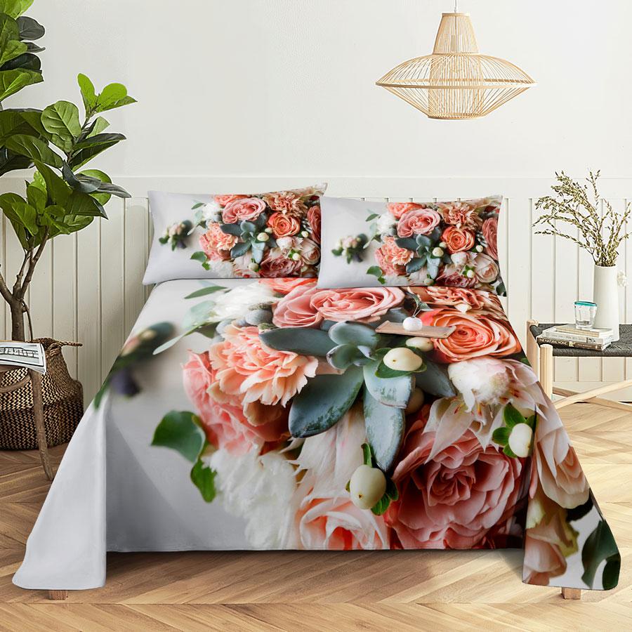 Bedsheets Set With Pillows Case Queen Size Soft Bed Sheets And Pillowcases For Single Double Beds Twin Pink Flower Thin Fabric