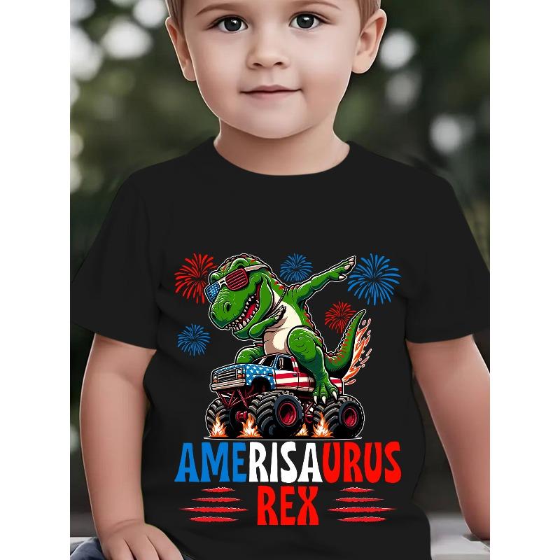 European sizes American Independence Day Summer Boys' Fashion Short Sleeve T-Shirt, American Flag, Fireworks Elements Cool Dinosaur