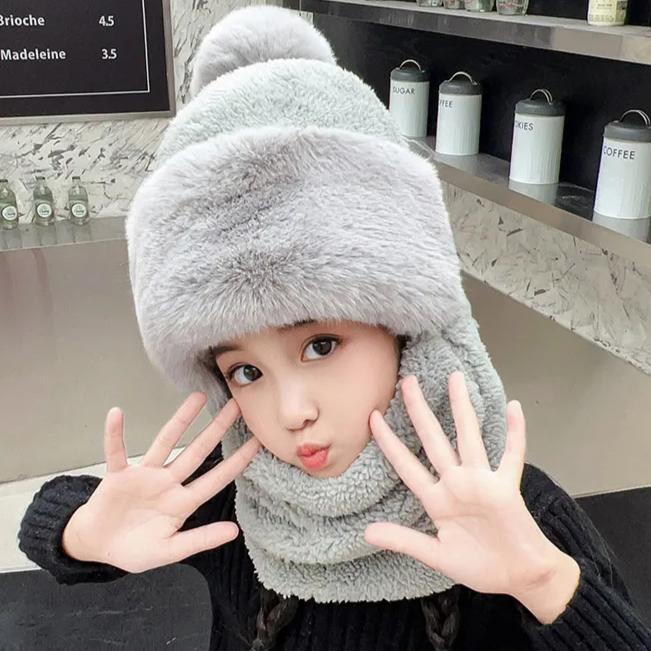 Зимняя шапка для девочек, защита ушей, ветрозащитный шарф для езды на велосипеде, корейский шарф, цельные шапки для детей, толстый бархат, теплая шапка для головы