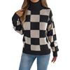 Женский повседневный свитер с высоким воротником, контрастной клеткой и длинными рукавами