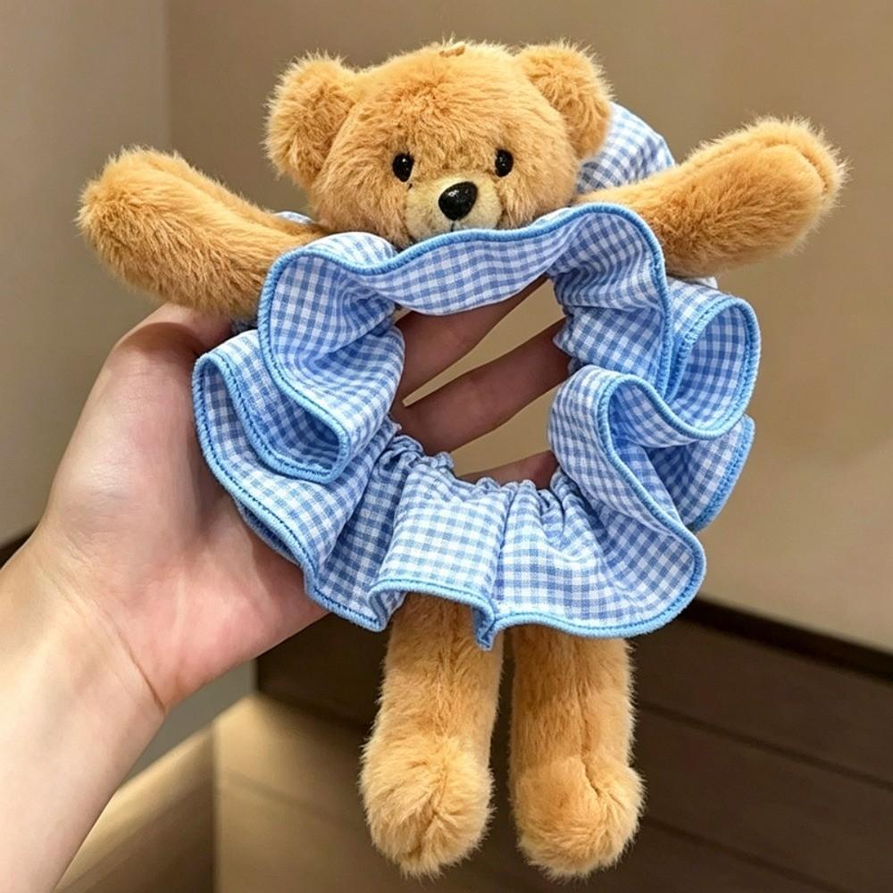 High Elasticity Plush Bear Scrunchies Cute Hair Rope Fashionable Plaid Ponytail Holder Daily